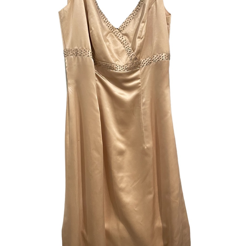 Gold  satin formal dress with beaded bodice,